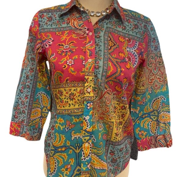 LAUREN RALPH LAUREN Petite Blouse Sz Sm Cotton Bohemian Colourful - Picture 3 of 8